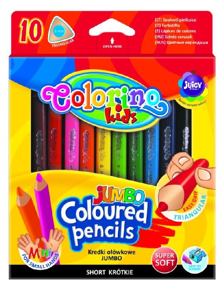 Colorino, kredki ołówkowe Jumbo, trójkątne, 8,9 cm, 10 kolorów + temperówka