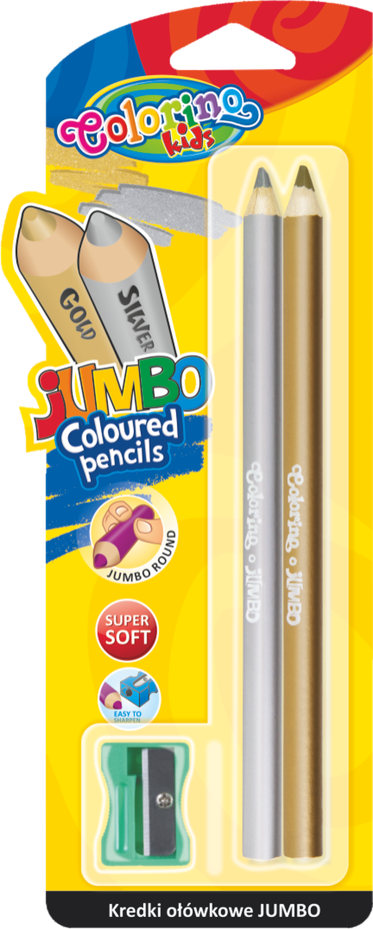 Colorino, kredki ołówkowe okrągłe, Jumbo, 2 szt. srebrna i złota + temperówka