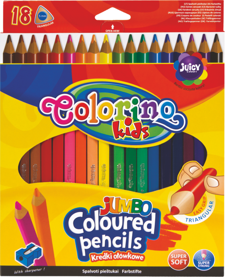 Colorino, kredki ołówkowe trójkątne, Jumbo, 17,5 cm, 18 kolorów + temperówka