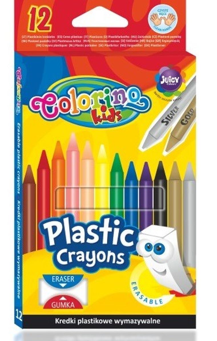 Colorino, kredki świecowe, plastikowe, wymazywalne, 12 kolorów z gumką