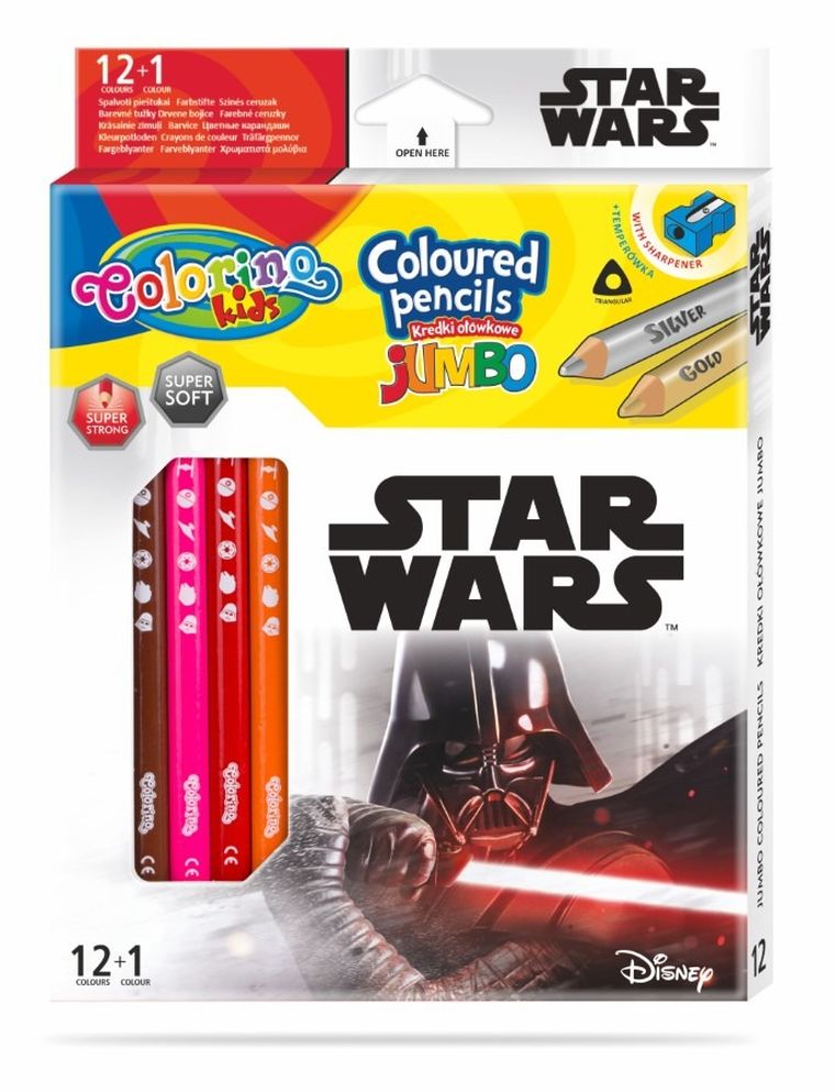 Colorino, Star Wars, Jumbo, kredki ołówkowe, trójkątne, 12+1 kredka złota/srebrna, temperówka