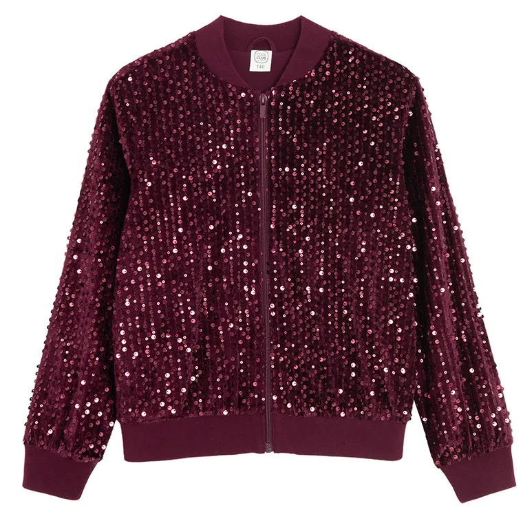 Cool Club, Bluza bomberka dziewczęca, rozpinana, welurowa, bordowa
