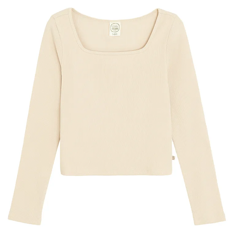 Cool Club, Bluzka dziewczęca z długim rękawem, crop top, prążkowana, beżowa