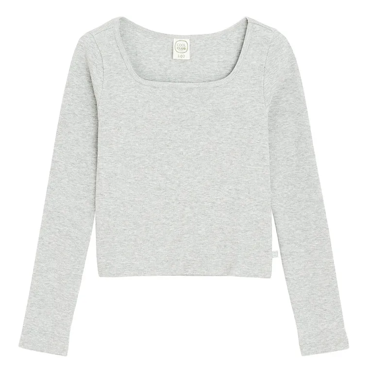 Cool Club, Bluzka dziewczęca z długim rękawem, crop top, prążkowana, szara melanż