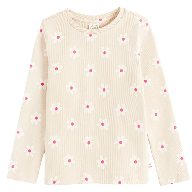 Cool Club, Bluzka dziewczęca z długim rękawem, prążkowana, beżowa