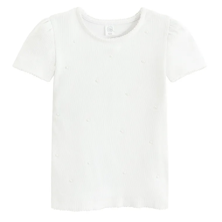 Cool Club, Bluzka dziewczęca z krótkim rękawem, prążkowana, biała