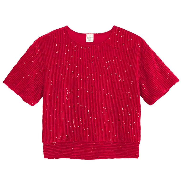 Cool Club, Bluzka dziewczęca z krótkim rękawem, welurowa, czerwona