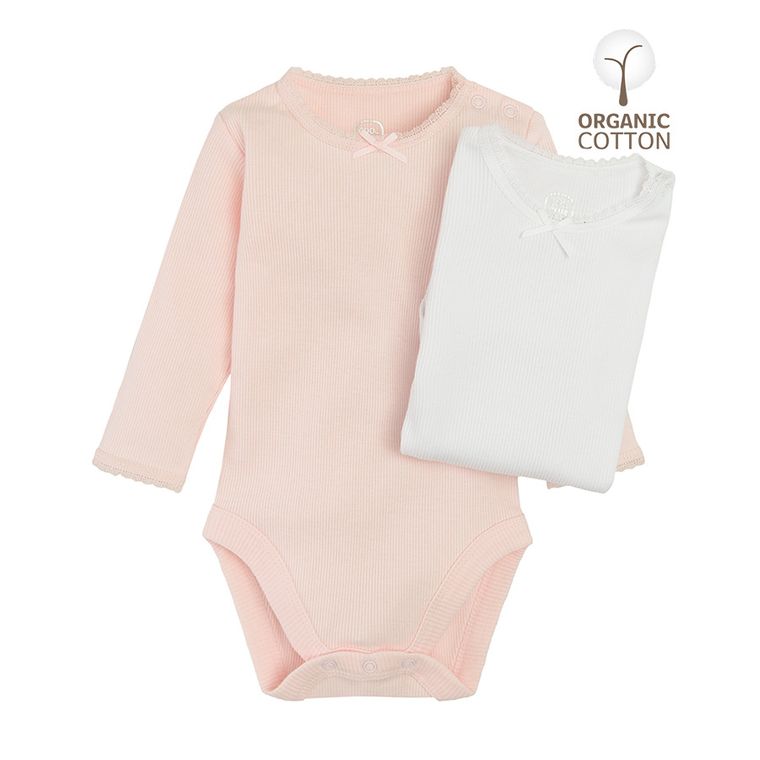 Cool Club, Body dziewczęce z długim rękawem, bawełna organiczna, różowe, białe, zestaw, 2 szt.