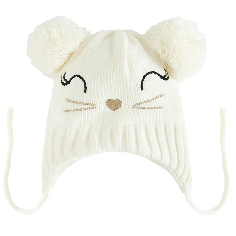 Cool Club, Czapka dziewczęca z pomponami, ecru
