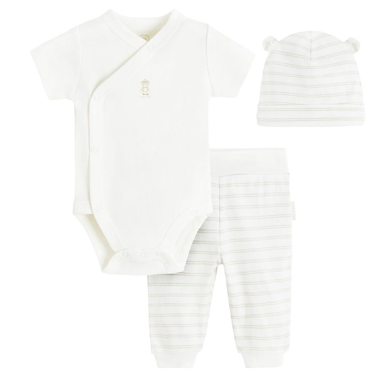 Cool Club, Komplet chłopięcy, Body z krótkim rękawem, Półśpiochy, Czapka, biały