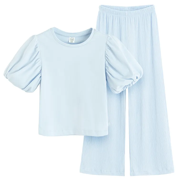 Cool Club, Komplet dziewczęcy, Bluzka z krótkim rękawem, Spodnie materiałowe, wide, niebieski