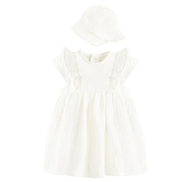 Cool Club, Komplet dziewczęcy, Body sukienka z krótkim rękawem, Kapelusz, muślin, biały