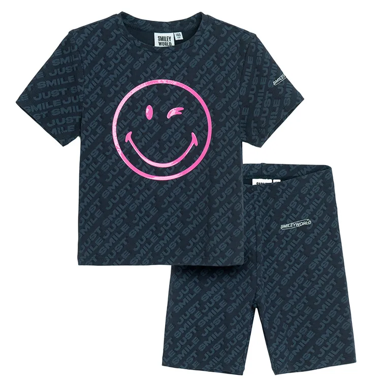 Cool Club, Komplet dziewczęcy, T-shirt, Legginsy, kolarki, prążkowany, czarny, SmileyWorld
