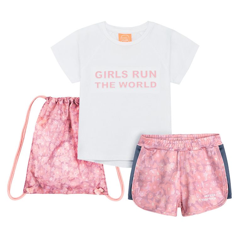 Cool Club, Komplet dziewczęcy, T-shirt, Szorty, Worek, biało-różowy