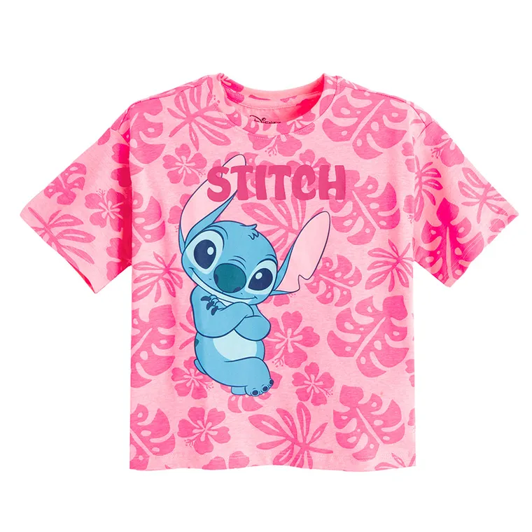 Cool Club, Luźny t-shirt dziewczęcy, różowy fluo, Lilo i Stitch