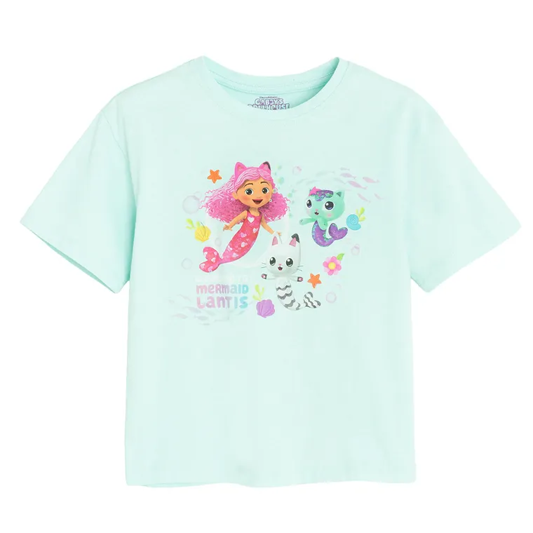 Cool Club, Luźny t-shirt dziewczęcy, turkusowy, Koci Domek Gabi