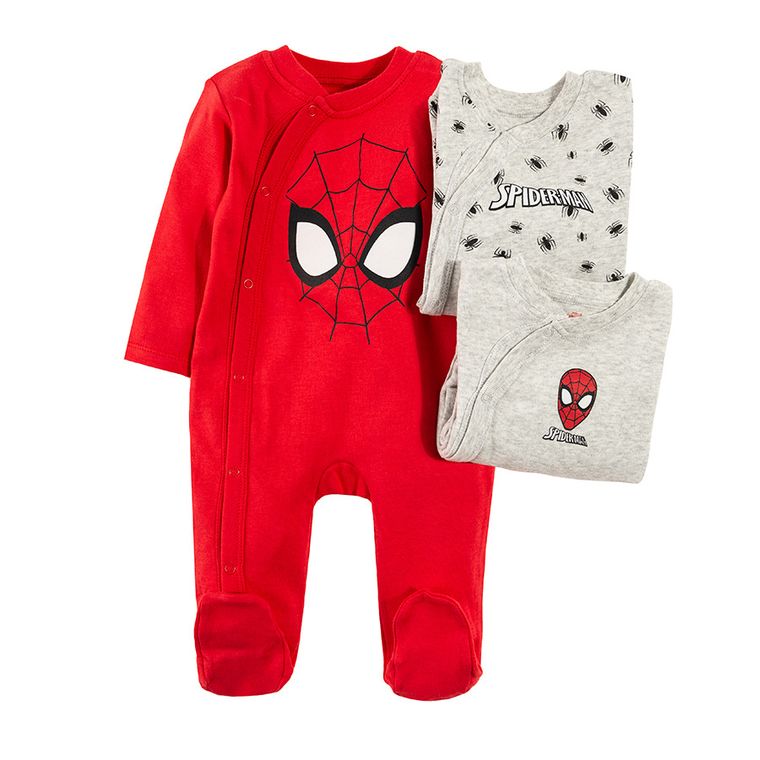 Cool Club, Pajac chłopięcy, szary, czerwony, zestaw, 3 szt., Spider-Man