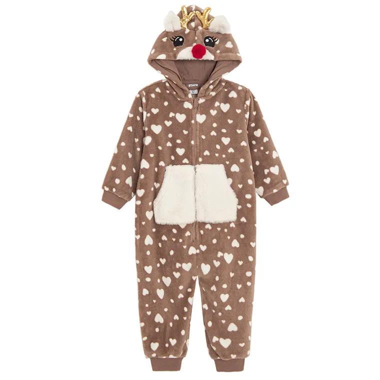 Cool Club, Piżama jednoczęściowa dziewczęca z kapturem, ocieplana, brązowa