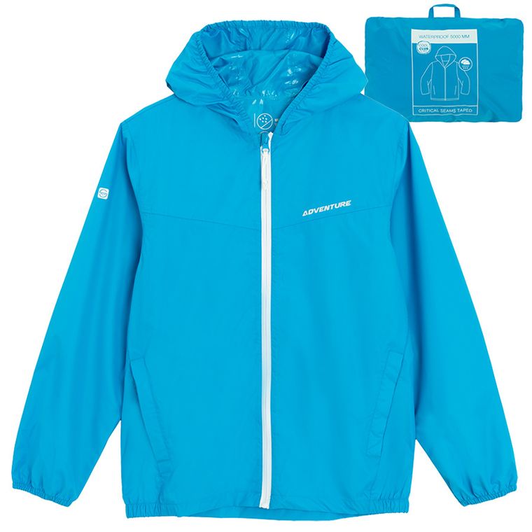 Cool Club, Przeciwdeszczowa kurtka chłopięca z kapturem, składana do kieszeni, niebieska