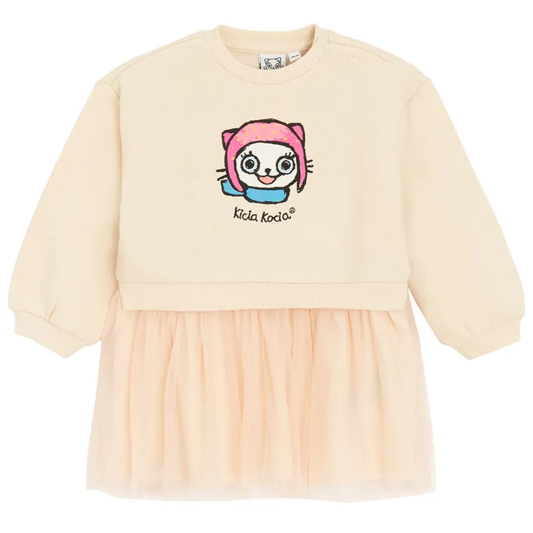Cool Club, Sukienka dziewczęca z długim rękawem, beżowa, Kicia Kocia
