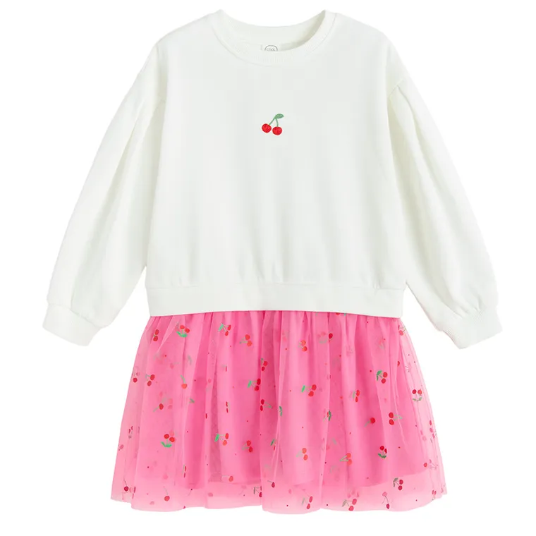 Cool Club, Sukienka dziewczęca z długim rękawem, biało-różowa