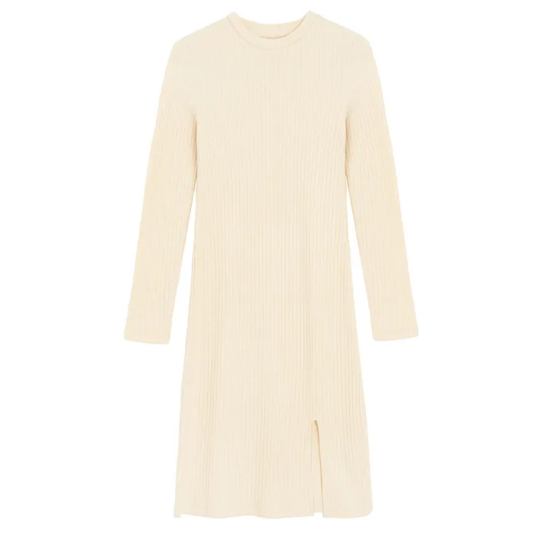 Cool Club, Sukienka dziewczęca z długim rękawem, prążkowana, jasnobeżowa