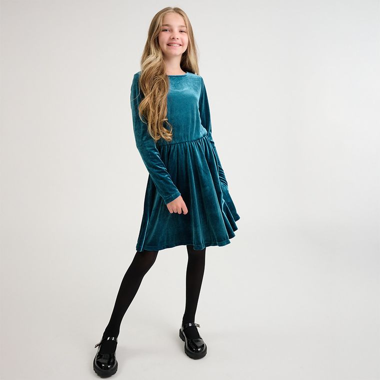Cool Club, Sukienka dziewczęca z długim rękawem, welurowa, turkusowa