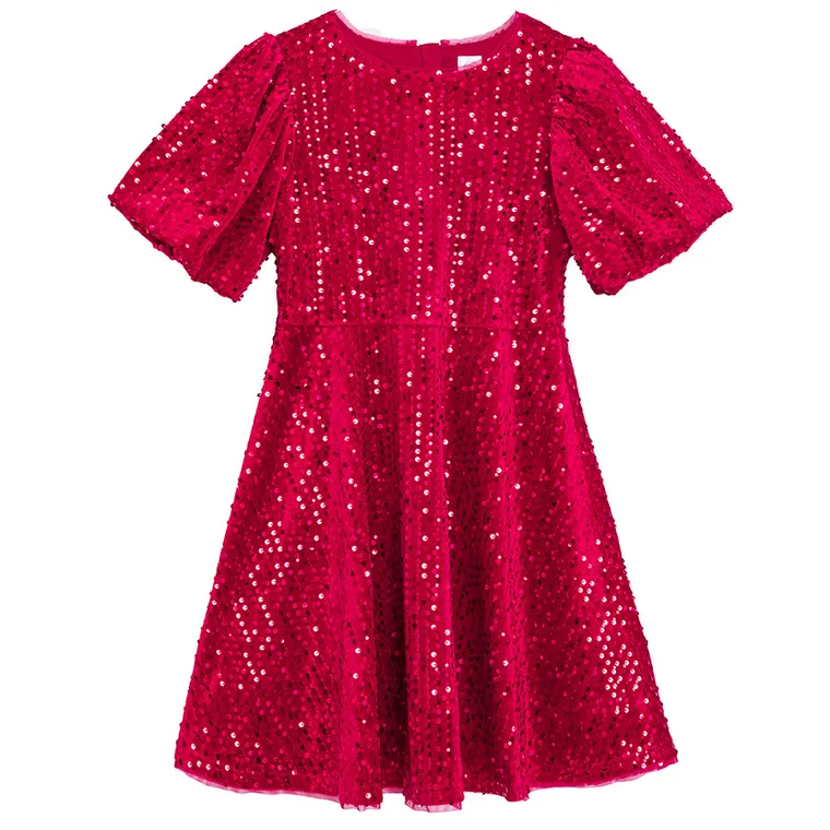 Cool Club, Sukienka dziewczęca z krótkim rękawem, welurowa, czerwona