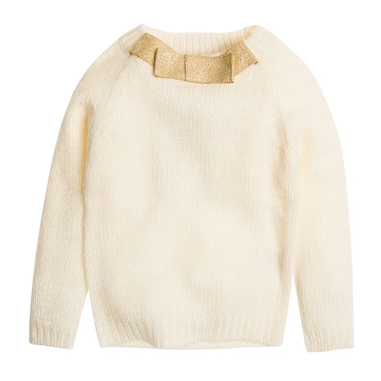 Cool Club, Sweter dziewczęcy, ecru, złota kokarda
