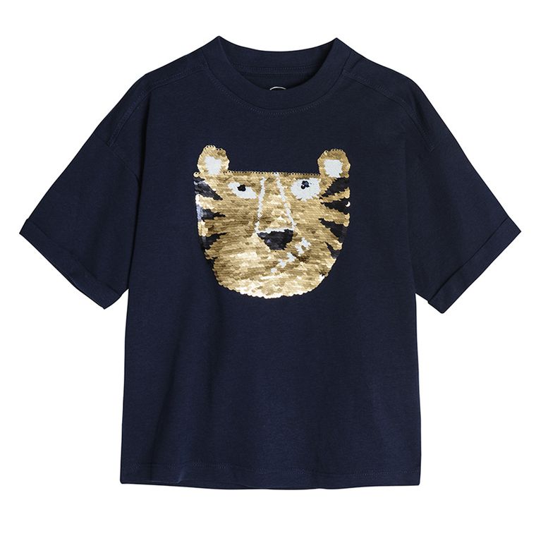 Cool Club, T-shirt chłopięcy, granatowy, dwustronne cekiny