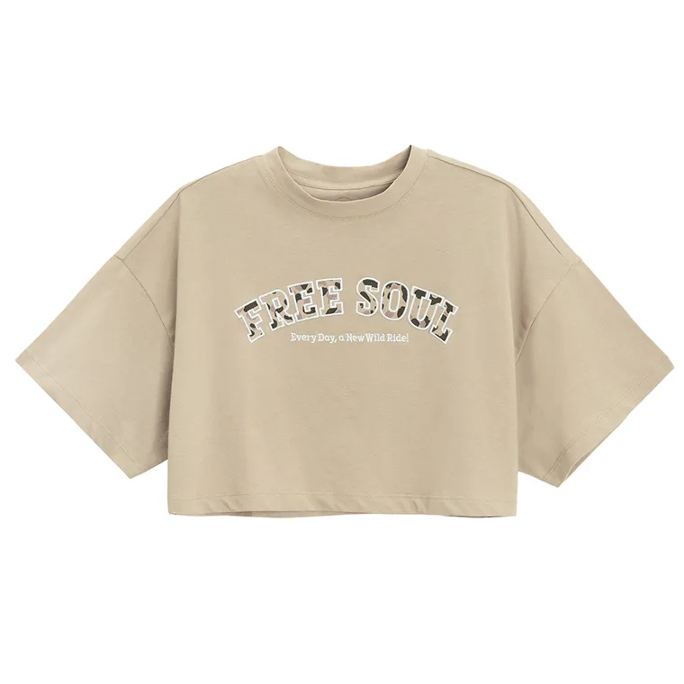 Cool Club, T-shirt dziewczęcy, crop top, beżowy