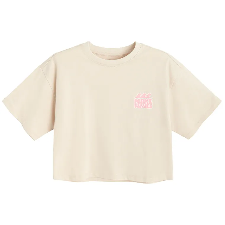 Cool Club, T-shirt dziewczęcy, crop top, beżowy