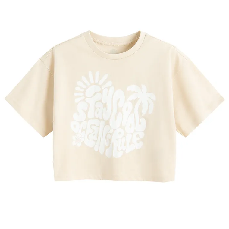 Cool Club, T-shirt dziewczęcy, crop top, beżowy