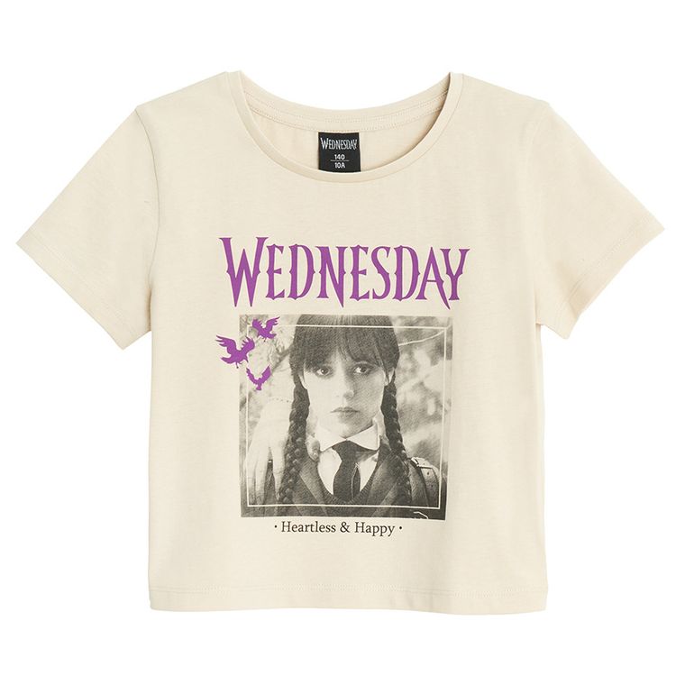 Cool Club, T-shirt dziewczęcy, crop top, beżowy, Wednesday