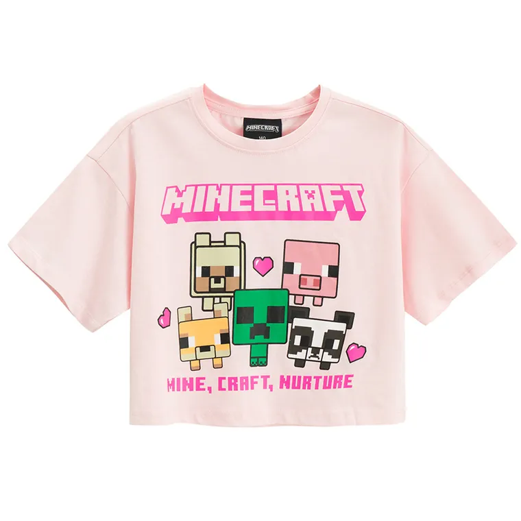 Cool Club, T-shirt dziewczęcy, crop top, różowy, Minecraft