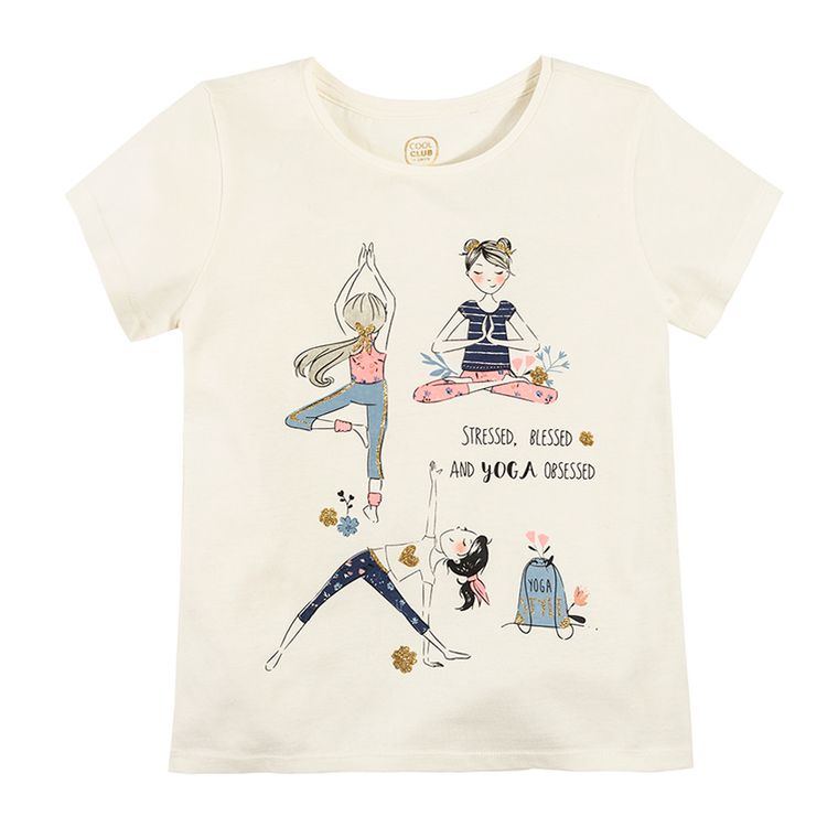 Cool Club, T-shirt dziewczęcy, ecru, Yoga