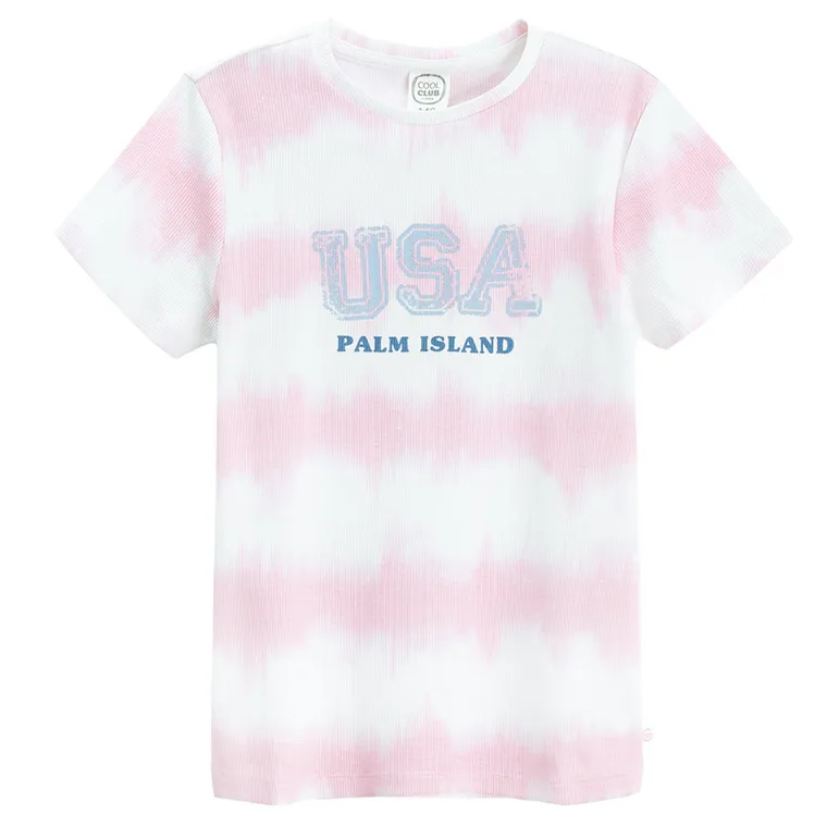 Cool Club, T-shirt dziewczęcy, prążkowany, biało-różowy