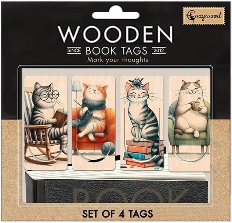 Cozywood, drewniane zakładki do książek, koty, 4 szt.