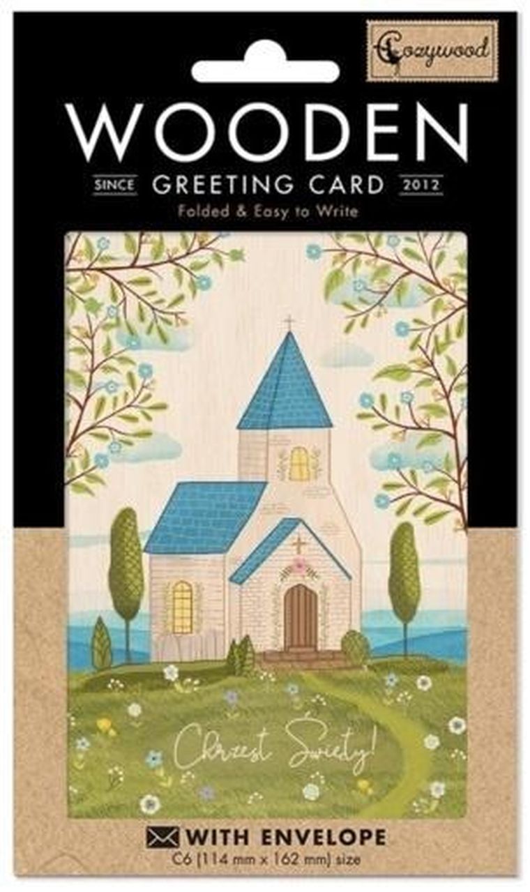 Cozywood, karnet drewniany C6 + koperta Chrzest Kościół