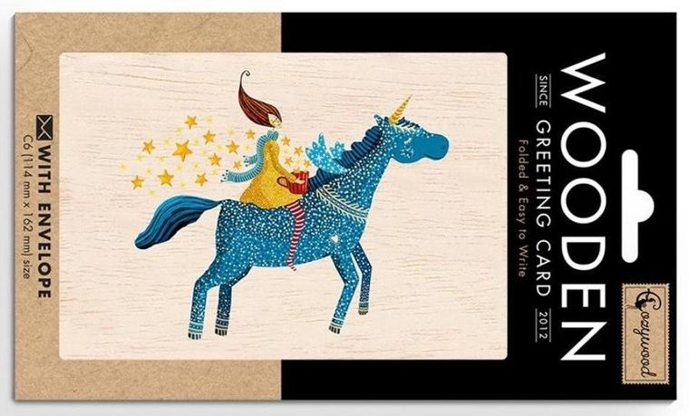 Cozywood, karnet drewniany C6 z kopertą, Jednorożec