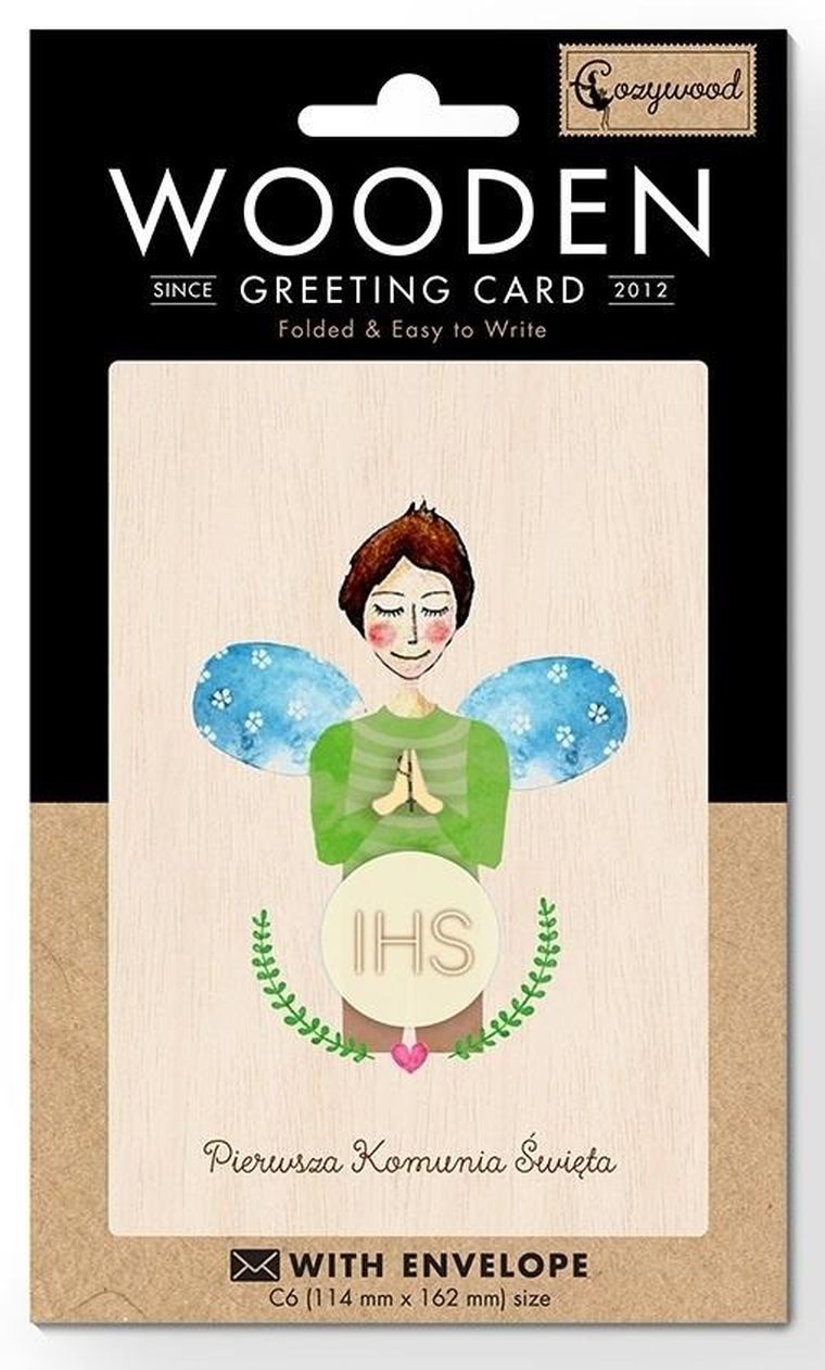 Cozywood, karnet drewniany C6 z kopertą, Komunia, chłopiec