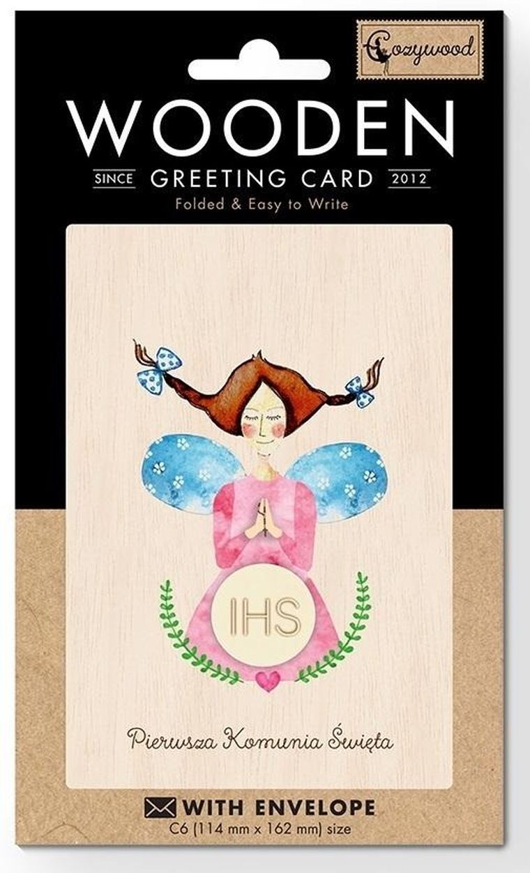 Cozywood, karnet drewniany C6 z kopertą, Komunia, dziewczynka