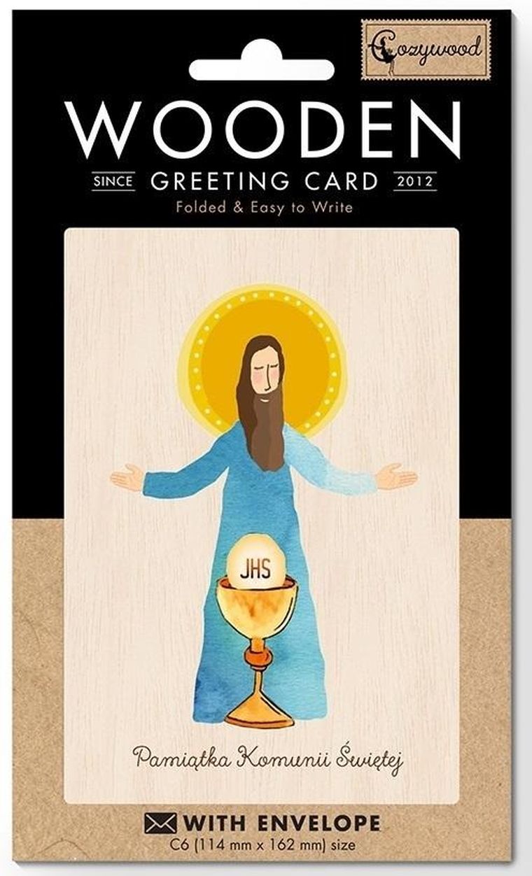 Cozywood, karnet drewniany C6 z kopertą, Komunia, Jezus
