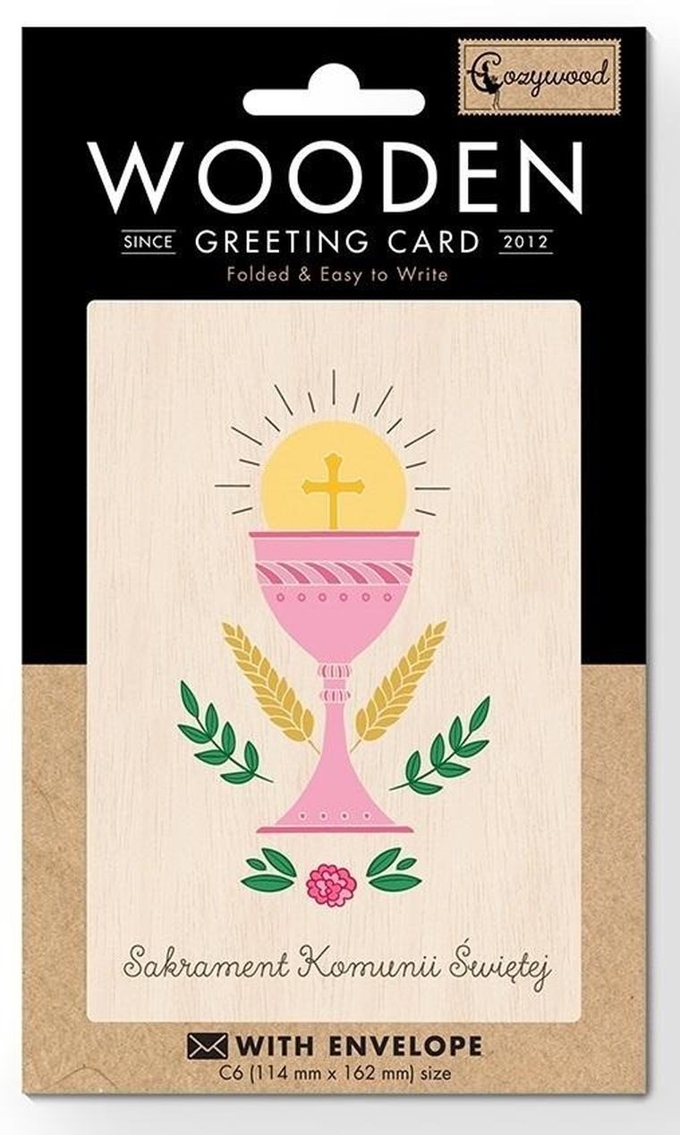 Cozywood, karnet drewniany C6 z kopertą, Komunia, kielich