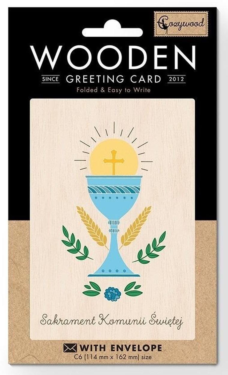 Cozywood, karnet drewniany C6 z kopertą, Komunia, kielich