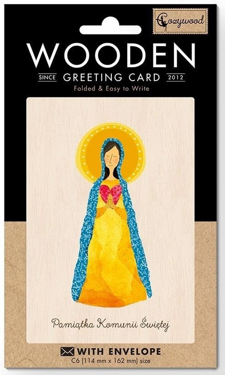 Cozywood, karnet drewniany C6 z kopertą, Komunia, Maria