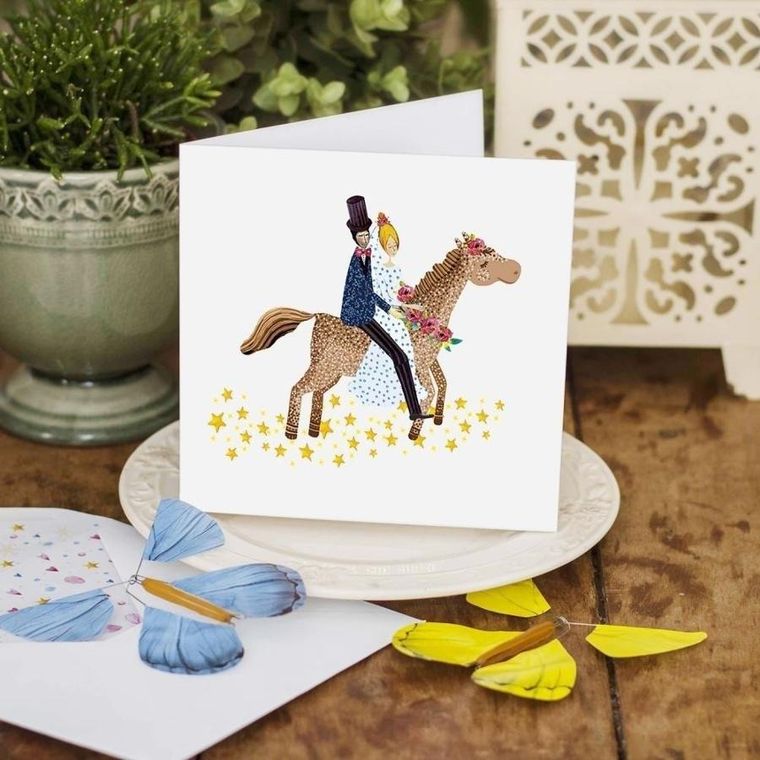 Cozywood, karnet kwadrat z latającym motylkiem, Ślub, koń