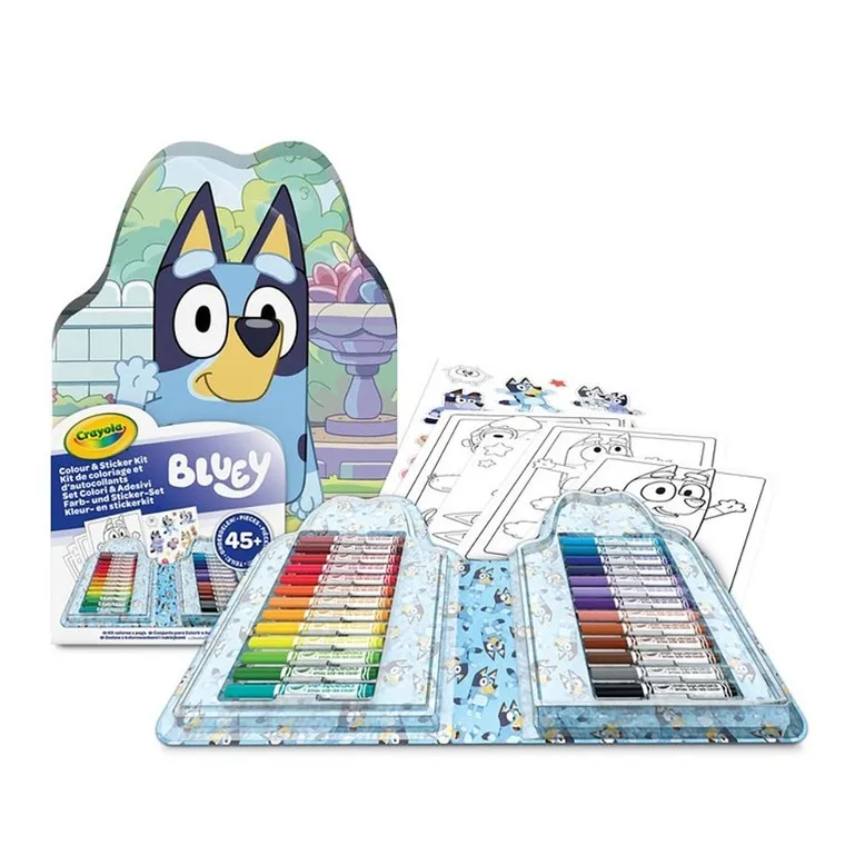 Crayola, Bluey, zestaw artystyczny z kolorowankami, naklejkami i flamastrami, 47 elementów