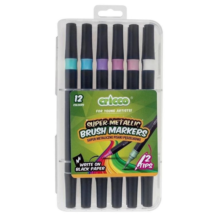 Cricco, pisaki pędzelkowe, metaliczne, dwustronne, 12 kolorów