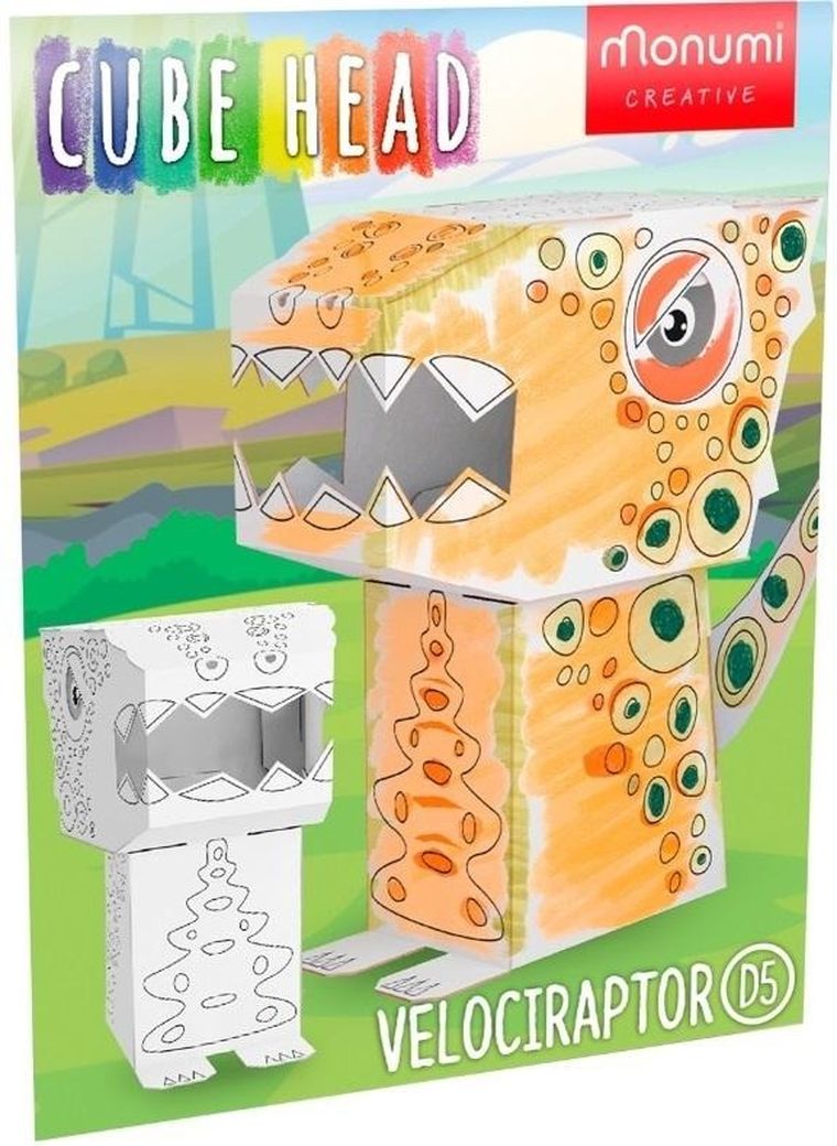 Cube Head Model. Velociraptor. Kolorowanka 3D